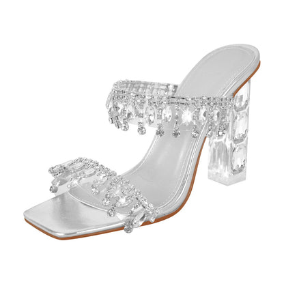 Silver Rhinestone Square Toe Clear Chunky Heel Sandals | Onlymaker Trending