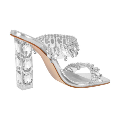 Silver Rhinestone Square Toe Clear Chunky Heel Sandals | Onlymaker Trending