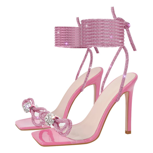 Square Toe Rhinestone Lace-up Stiletto Sandals | Onlymaker Classic