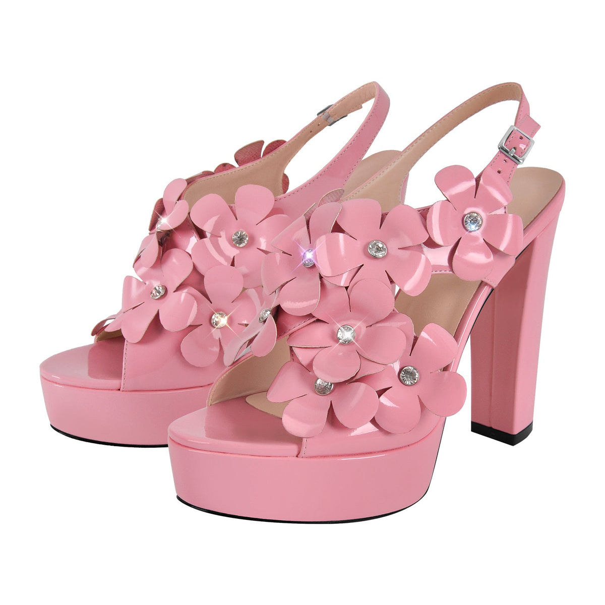 Flower Rhinestone Platform Chunky Heel Slingback Sandals | Onlymaker Sale