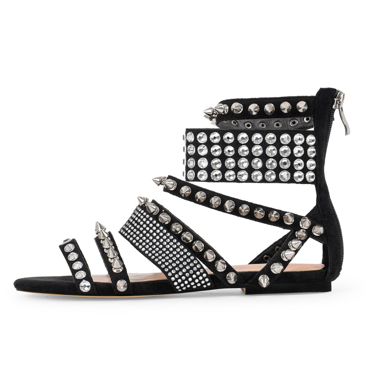 Rivet Rhinestone Suede Back Zipper Flats | Onlymaker Exclusive