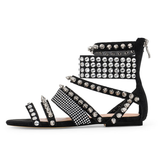 Rivet Rhinestone Suede Back Zipper Flats | Onlymaker Exclusive