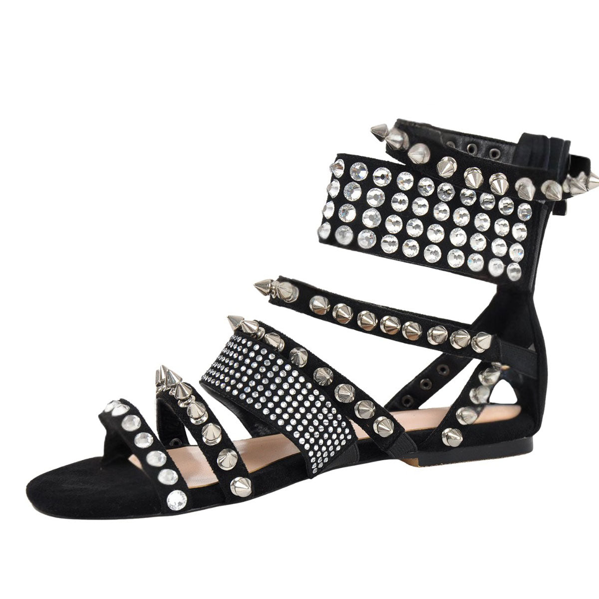 Rivet Rhinestone Suede Back Zipper Flats | Onlymaker Exclusive