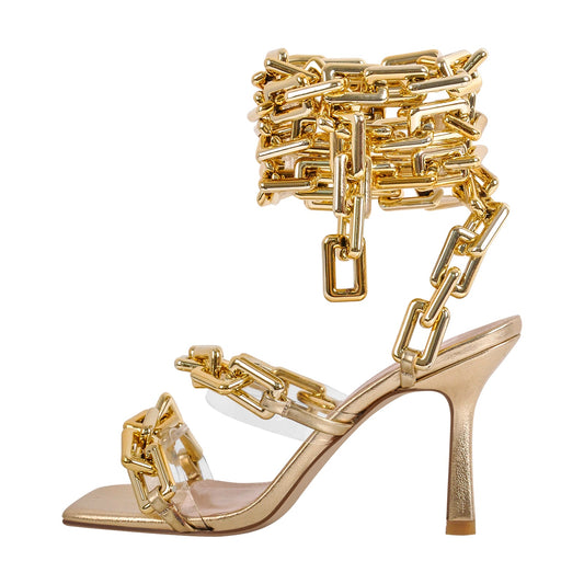 Gold Square Toe Metal Chain Lace-up Stiletto Sandals | Onlymaker Sale