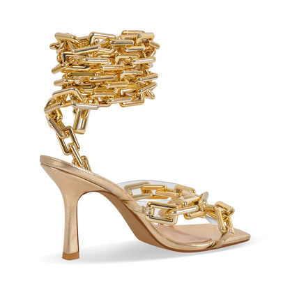 Gold Square Toe Metal Chain Lace-up Stiletto Sandals | Onlymaker Sale