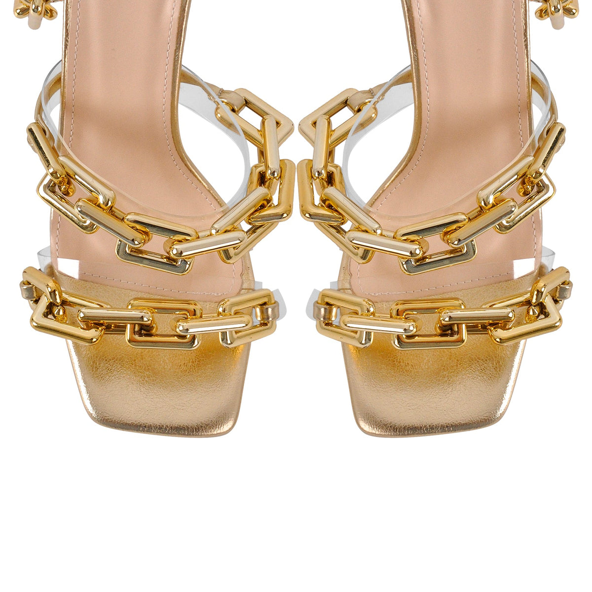 Gold Square Toe Metal Chain Lace-up Stiletto Sandals | Onlymaker Sale