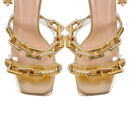 Gold Square Toe Metal Chain Lace-up Stiletto Sandals | Onlymaker Sale