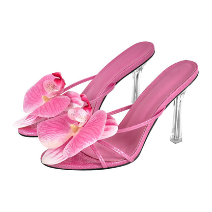 Flower Round Toe Clear Heel Thong Sandals Mules | Onlymaker Top Pick