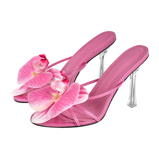 Flower Round Toe Clear Heel Thong Sandals Mules | Onlymaker Top Pick