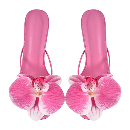 Flower Round Toe Clear Heel Thong Sandals Mules | Onlymaker Top Pick