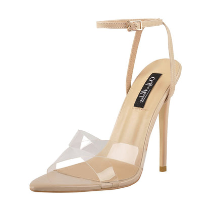 Clear Cross Band Pointy Open Toe Beige High Heel Sandals | Onlymaker Top Pick