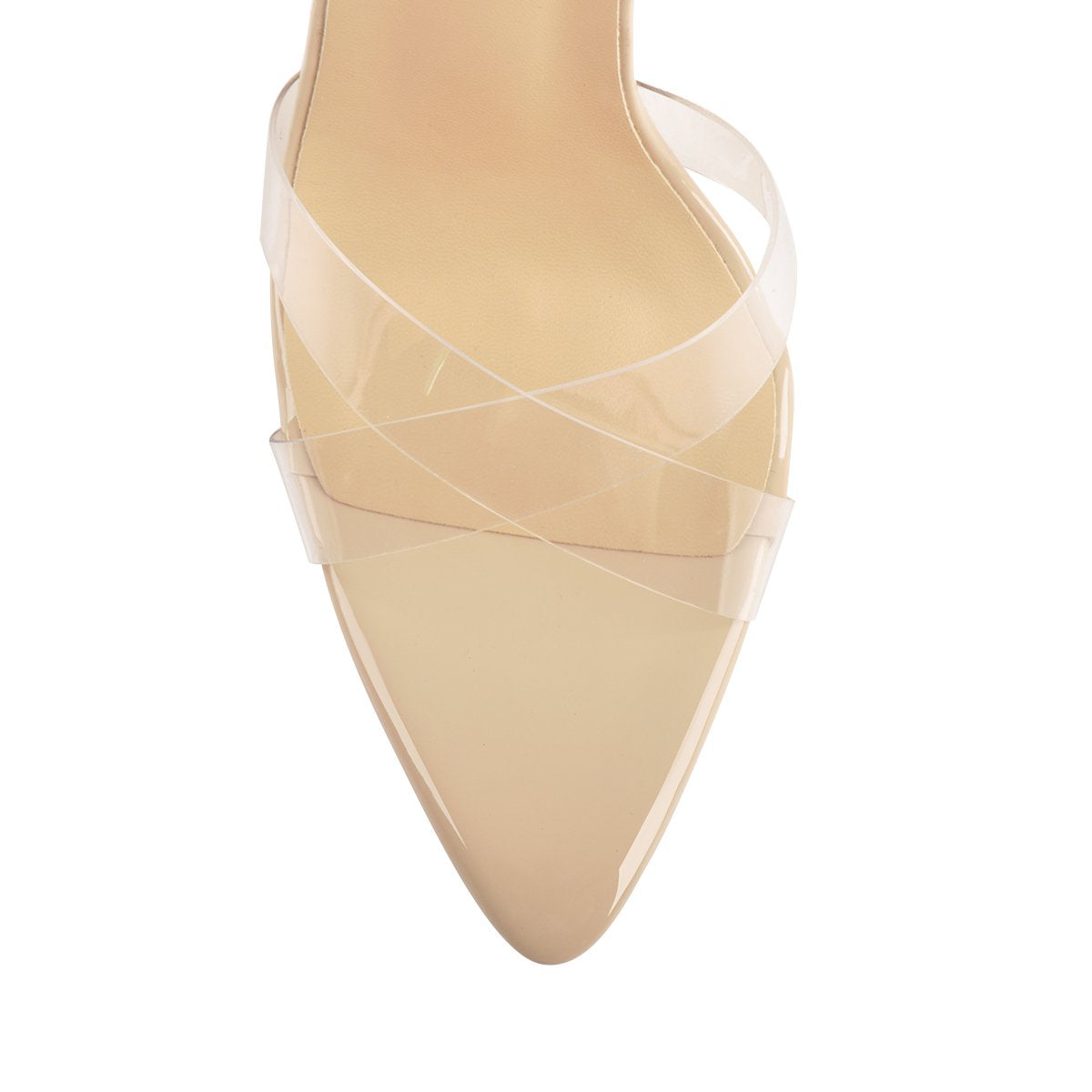 Clear Cross Band Pointy Open Toe Beige High Heel Sandals | Onlymaker Top Pick