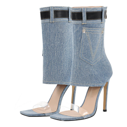 Denim Square Toe Stiletto Ankle Sandals | Onlymaker Essential