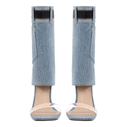 Denim Square Toe Stiletto Ankle Sandals | Onlymaker Essential