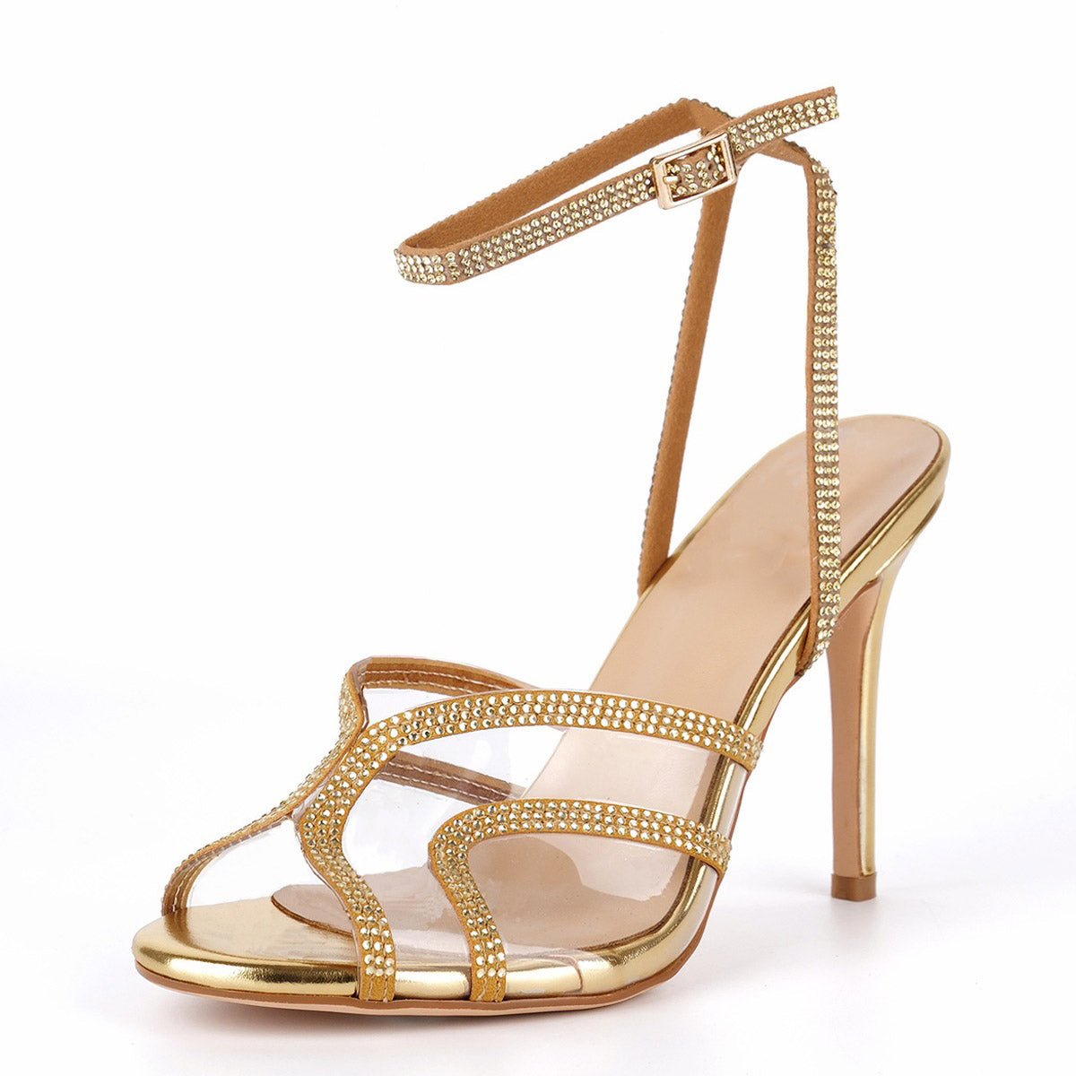 Clear Rhinestone Ankle Strap Stiletto Sandals | Onlymaker Best Price