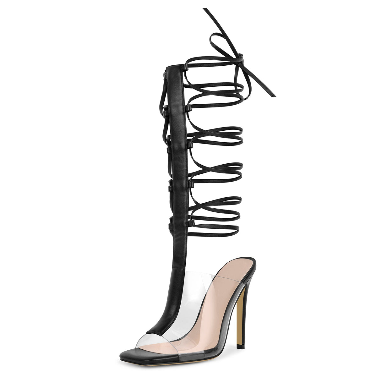 Square Toe Clear Strappy Lace-up Sandals | Onlymaker Premium