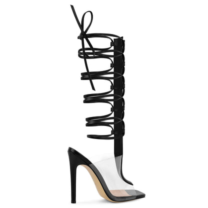 Square Toe Clear Strappy Lace-up Sandals | Onlymaker Premium