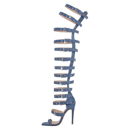 Denim Hollow Buckle Starp Thigh Stiletto Bootie Sandals | Onlymaker Classic