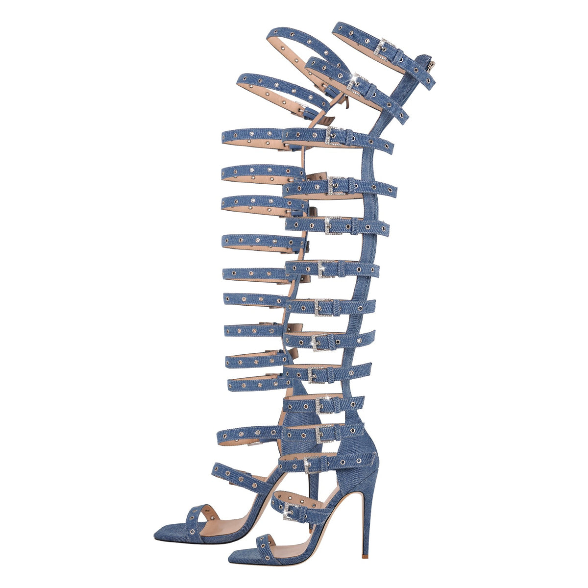 Denim Hollow Buckle Starp Thigh Stiletto Bootie Sandals | Onlymaker Classic
