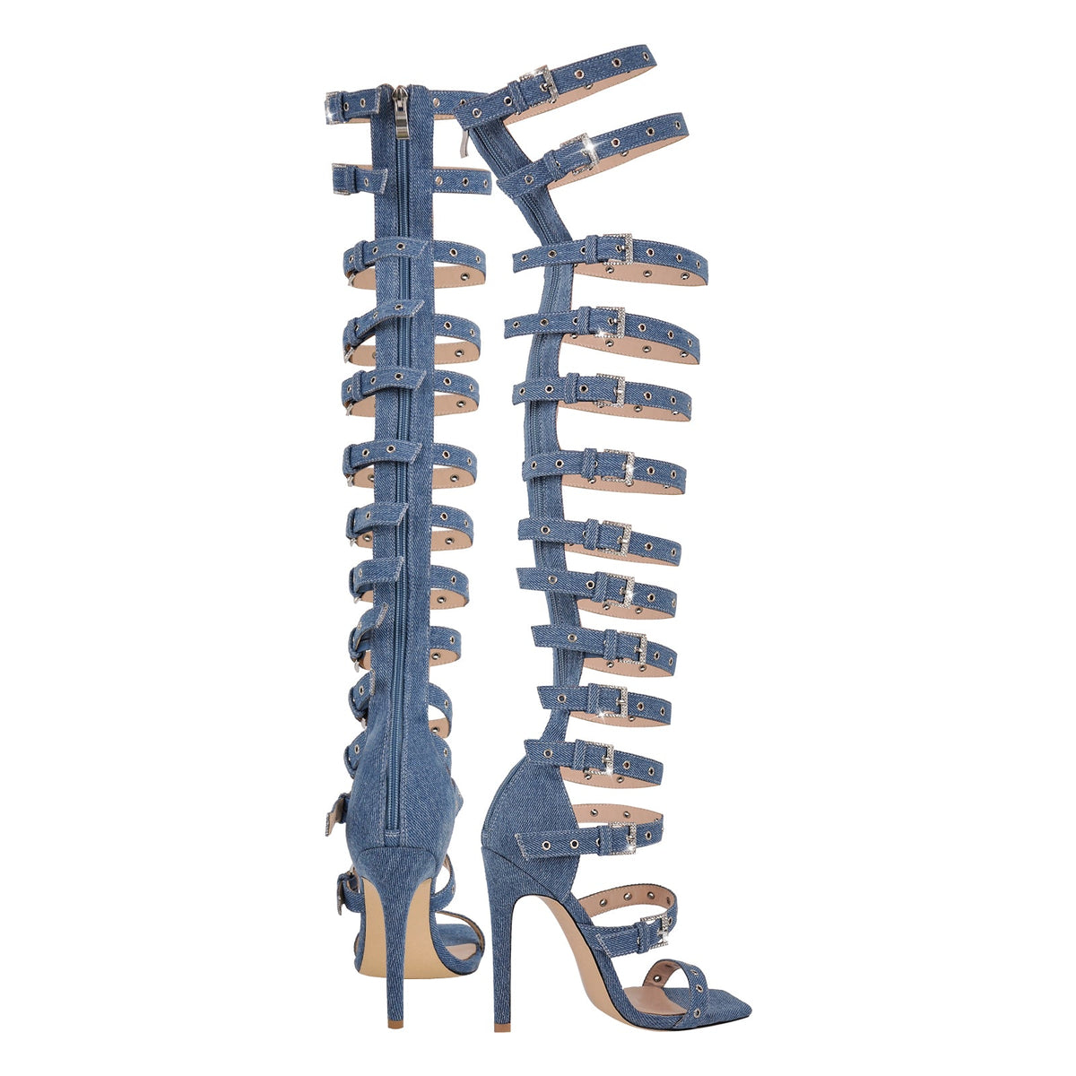 Denim Hollow Buckle Starp Thigh Stiletto Bootie Sandals | Onlymaker Classic