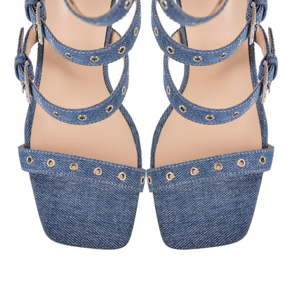 Denim Hollow Buckle Starp Thigh Stiletto Bootie Sandals | Onlymaker Classic
