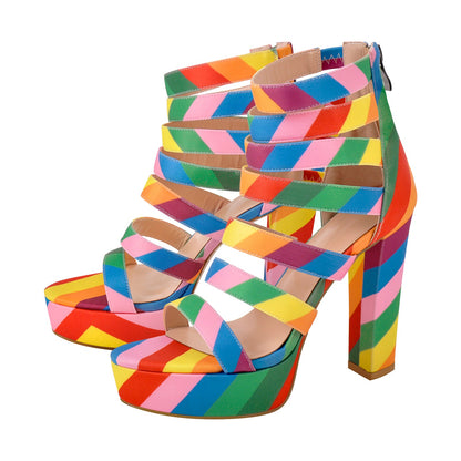 Platform Chunky Heel Rainbow Straps Sandals | Onlymaker Hot Sale