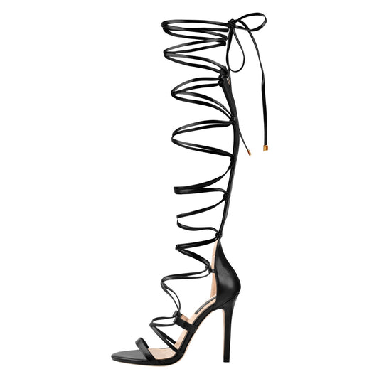 Lace-up Round Toe Strappy Zipper Stiletto Sandals | Onlymaker Signature