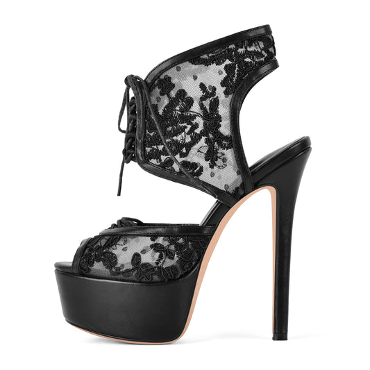 Platform Mesh Lace-up Slingback Sandals | Onlymaker New