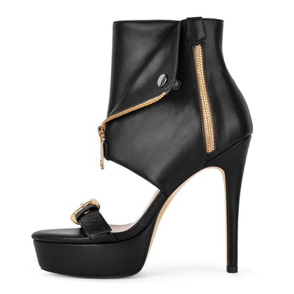 Platform Metal Zipper Buckle Bootie Sandals | Onlymaker Everyday