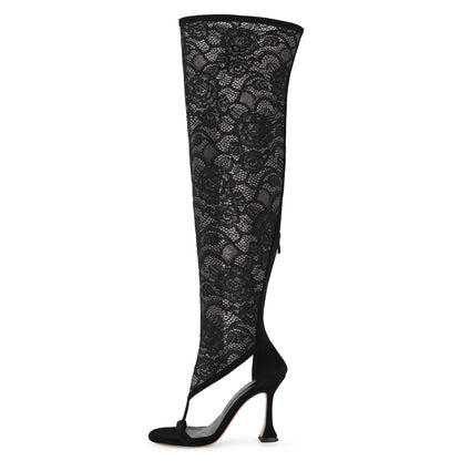 Round Toe Lace Mesh Thigh High Bootie Sandals | Onlymaker Trending