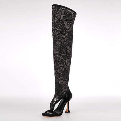 Round Toe Lace Mesh Thigh High Bootie Sandals | Onlymaker Trending