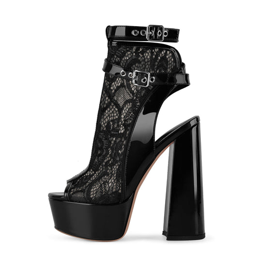 Open Toe Platform Lace Mesh Buckles Bootie Sandals | Onlymaker Best Seller