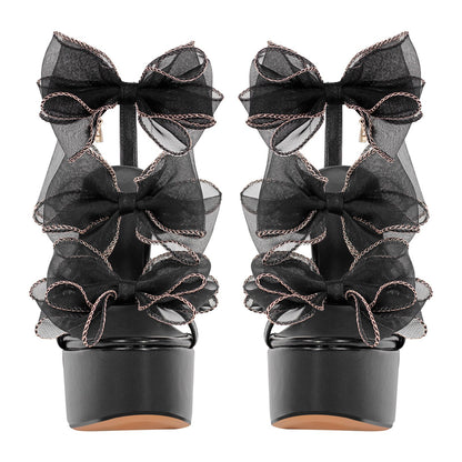 Black Bow Ankle Strap Chunky Heel Platform Sandals | Onlymaker Special Offer