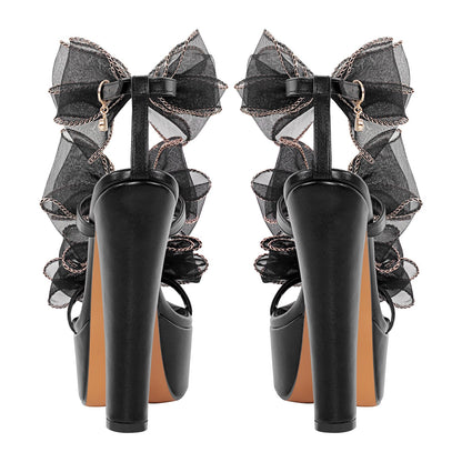 Black Bow Ankle Strap Chunky Heel Platform Sandals | Onlymaker Special Offer