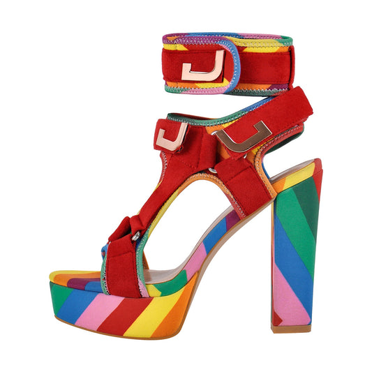 Canvas Rainbow Ankle Strap Chunky Heel Sandals | Onlymaker Top Pick