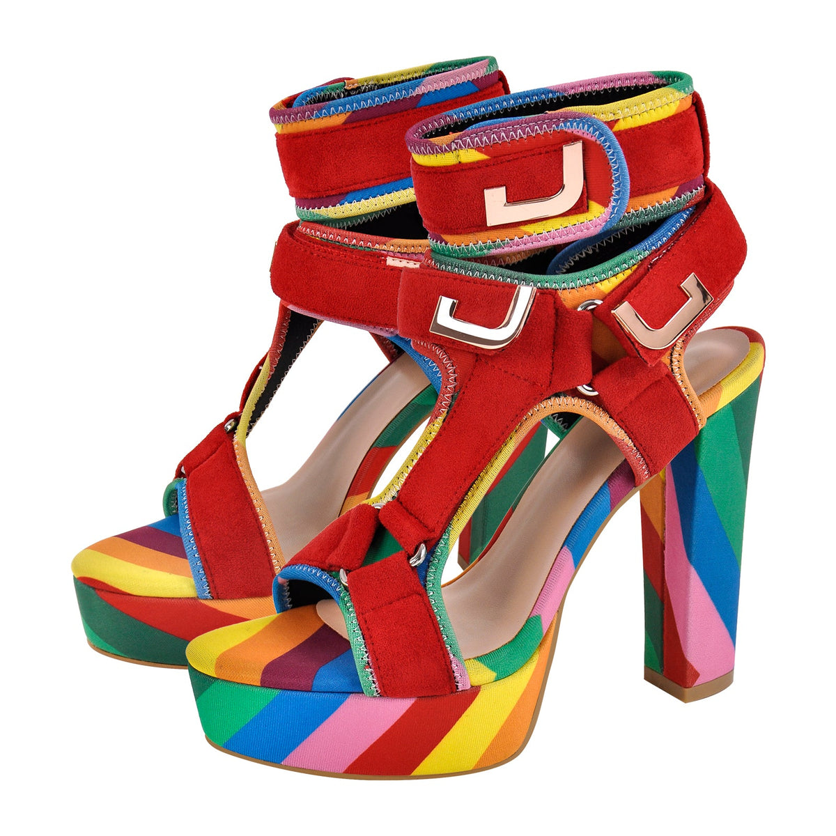 Canvas Rainbow Ankle Strap Chunky Heel Sandals | Onlymaker Top Pick