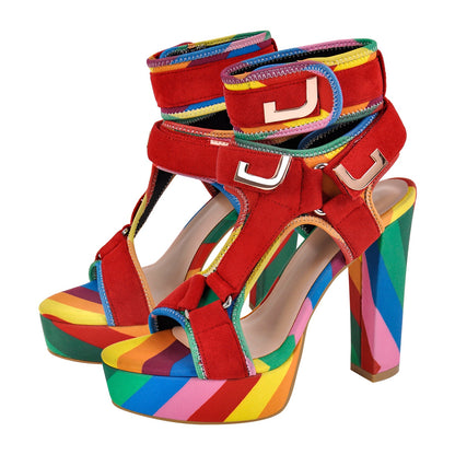 Canvas Rainbow Ankle Strap Chunky Heel Sandals | Onlymaker Top Pick