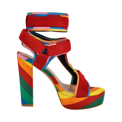 Canvas Rainbow Ankle Strap Chunky Heel Sandals | Onlymaker Top Pick