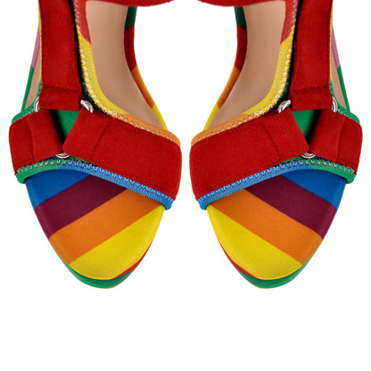 Canvas Rainbow Ankle Strap Chunky Heel Sandals | Onlymaker Top Pick