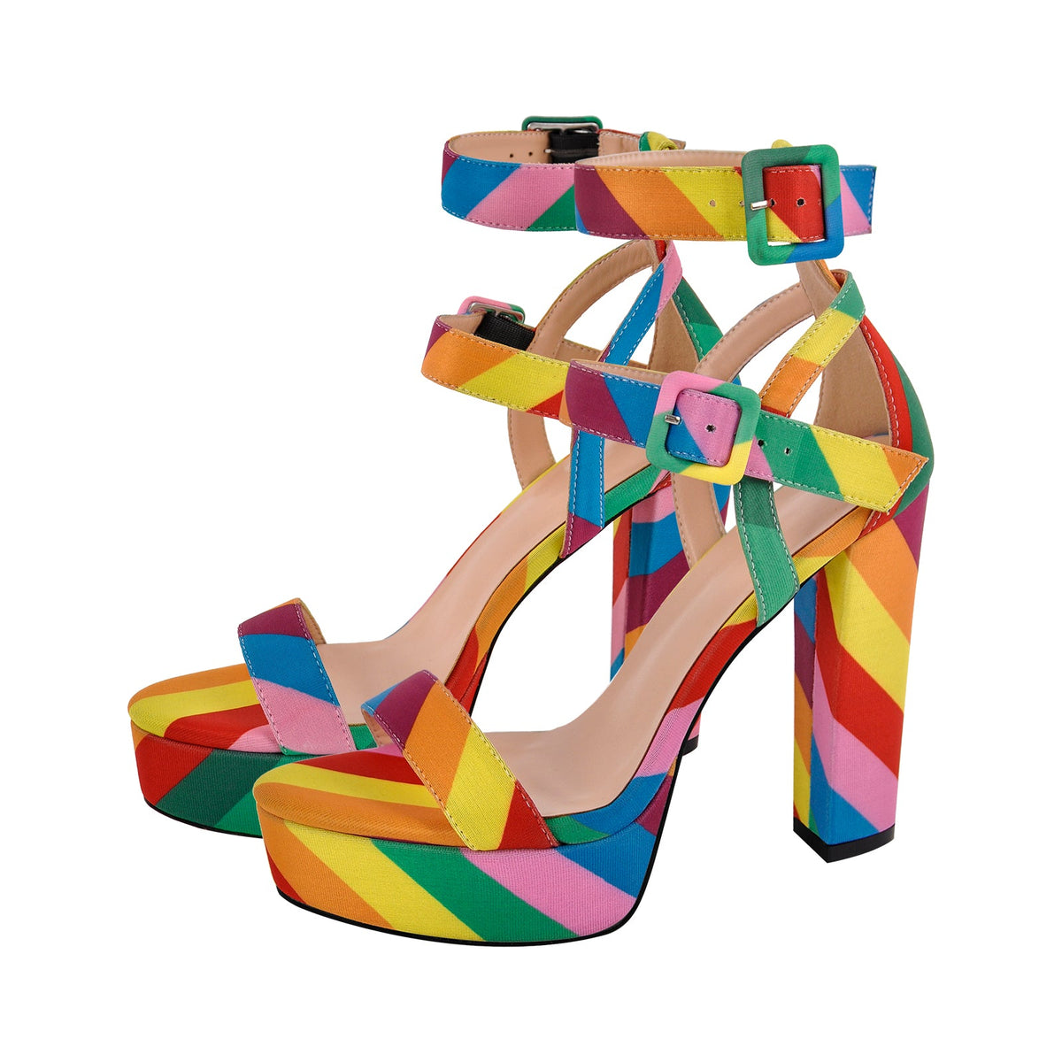 Rainbow Buckle Strap Chunky Heel Sandals | Onlymaker Signature