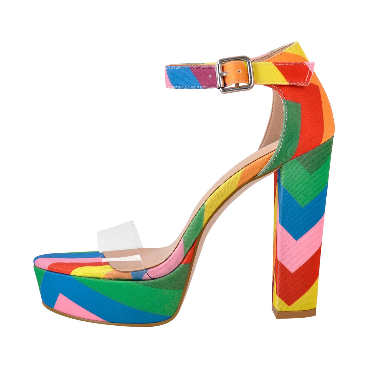Rainbow Platform Chunky Heel Clear Ankle Strap Sandals | Onlymaker Latest