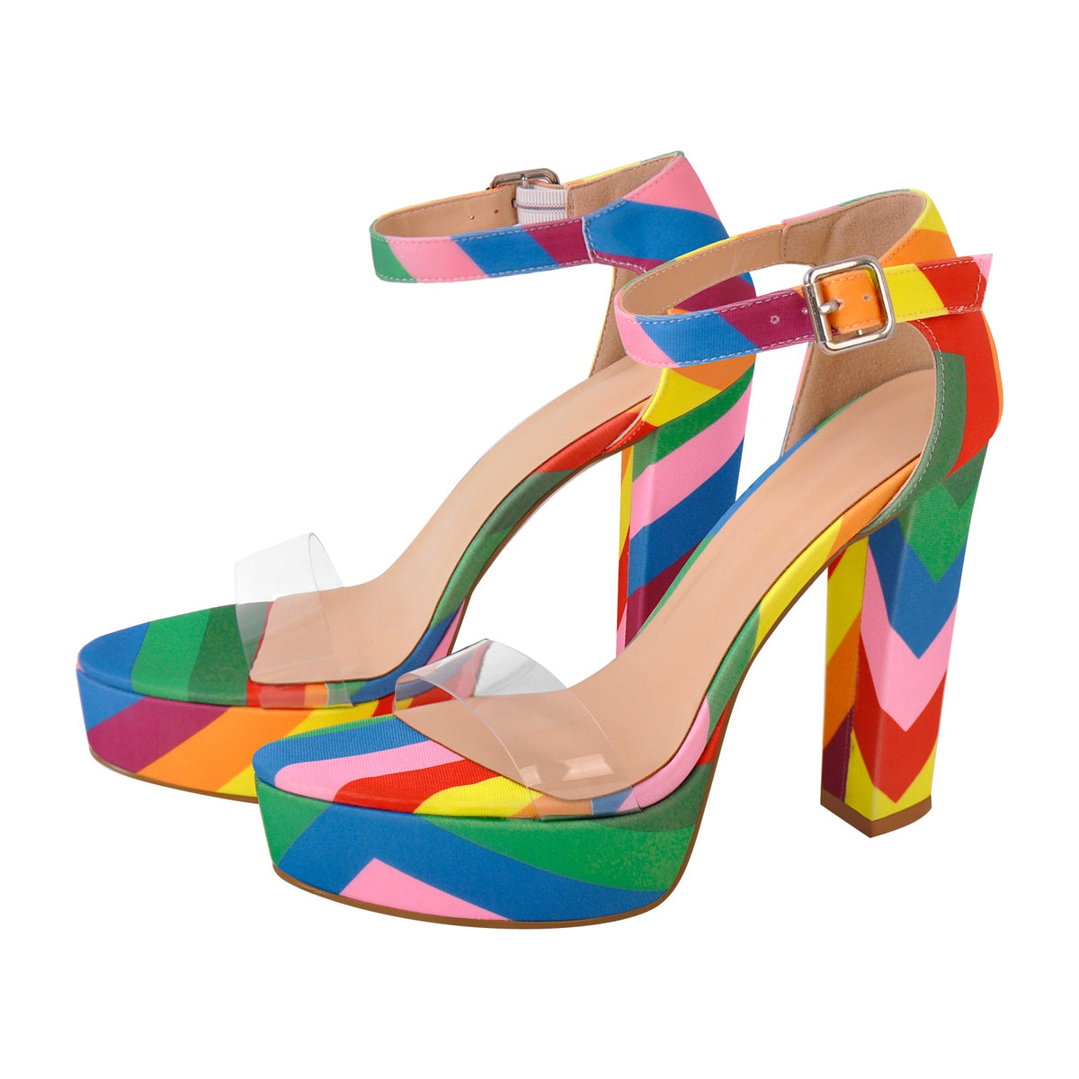 Rainbow Platform Chunky Heel Clear Ankle Strap Sandals | Onlymaker Latest