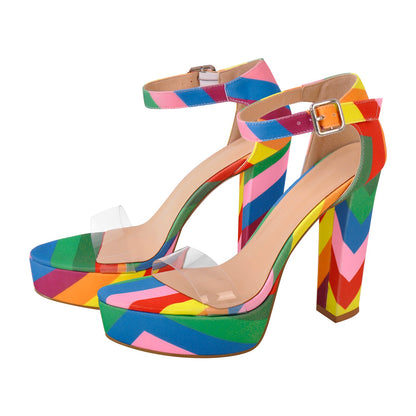 Rainbow Platform Chunky Heel Clear Ankle Strap Sandals | Onlymaker Latest