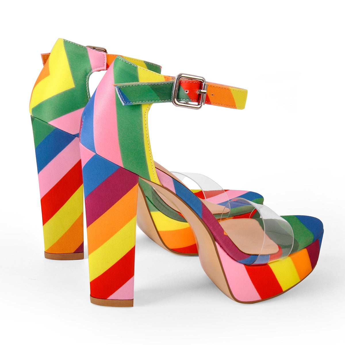 Rainbow Platform Chunky Heel Clear Ankle Strap Sandals | Onlymaker Latest
