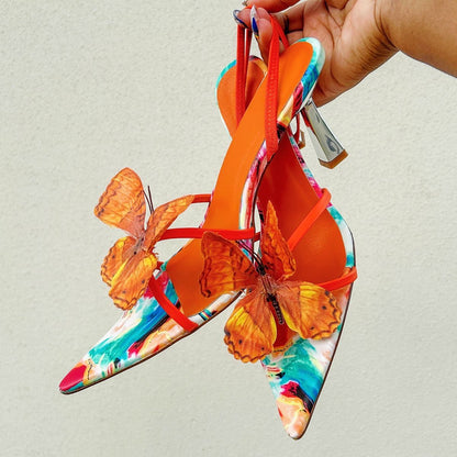 Butterfly Pointed Toe Slingback Kitten Heel Sandals | Onlymaker Quality