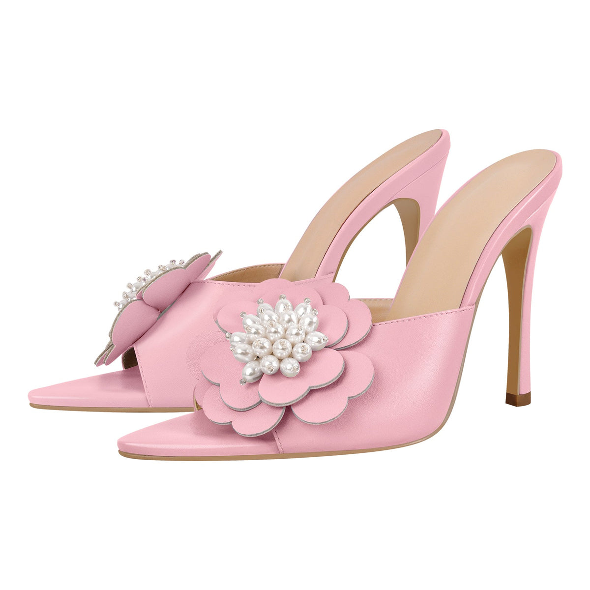 Pearl Flower Pointed Toe Stiletto Mules | Onlymaker New