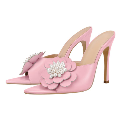 Pearl Flower Pointed Toe Stiletto Mules | Onlymaker New