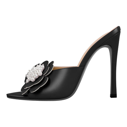Pearl Flower Pointed Toe Stiletto Mules | Onlymaker New