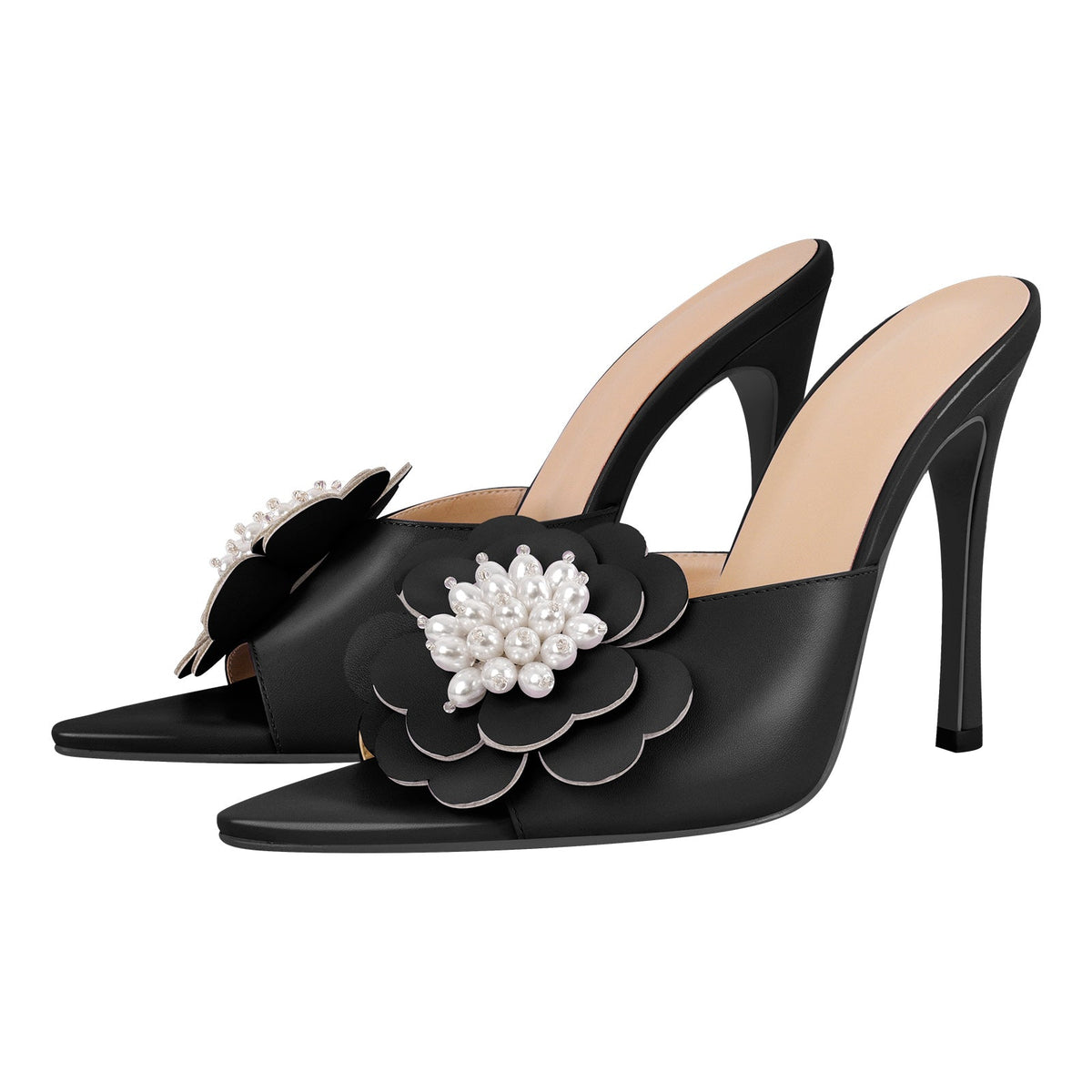 Pearl Flower Pointed Toe Stiletto Mules | Onlymaker New