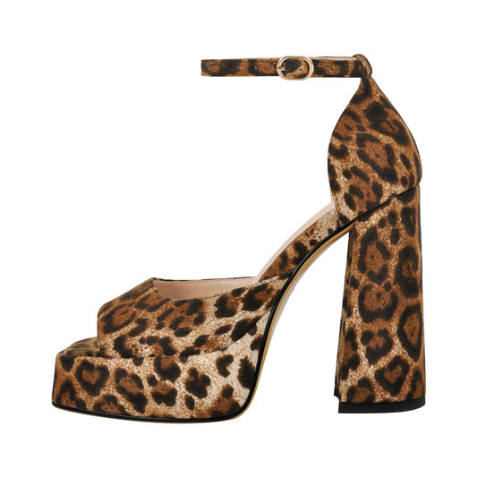 Leopard Platform Ankle Strap Chunky Heel Sandals | Onlymaker Great Value